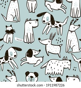 Seamless pattern with cute hand drawn dogs. Creative childish texture in scandinavian style. Great for fabric, textile Vector Illustration