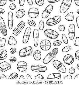 Seamless pattern with cute hand drawn pills icons. Vector medical collection