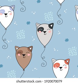 Patrón sin foco con un lindo gato dibujado a mano sonriendo globo facial. Funny kitten fondo vectorial para la decoración de habitación para niños, arte infantil, impresión, tela, papel pintado, papel envolvente, textil, paquete, regalo, web.