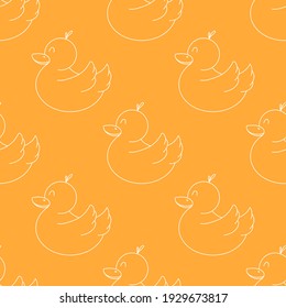 Seamless pattern with cute hand drawn baby duck. White line objects on orange background. Simple vector texture for kids room decor, nursery art, print, fabric, wallpaper, wrapping paper, textile, web