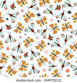 Seamless pattern with cute hand drawn butterflies. Cozy hygge scandinavian style template for fabric, packaging, kids t shirt design. Vector illustration in flat cartoon style