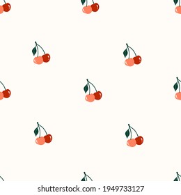 Nahtloses Muster mit süßen handgezeichneten roten Kirschen. Gemütliches Schuhcreme-Skandinavier-Template für Stoff, Verpackung, Kinder-T-Shirt-Design. Vektorgrafik im Flachbildkarikaturstil