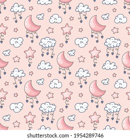 Seamless pattern with cute hand drawn moon, star and cloud with heart. Soft sweet vector background for kids fashion, room decor, nursery art, print, poster, fabric, wallpaper, wrapping paper, textile