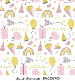 Seamless pattern with cute hand drawn gift boxes, baloon, buquete, hats and rainbow. Colorful decorative doodle party elements. Celebration Birthday, Holidays, New Year. Vector flat illustration.