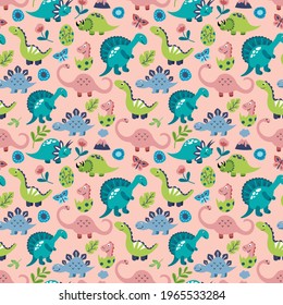 Seamless pattern with cute hand drawn dinosaurs. Design of fabrics, textiles, wallpaper, packaging, decoration of a children's room.	