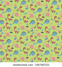 Seamless pattern with cute hand drawn dinosaurs. Design of fabrics, textiles, wallpaper, packaging, decoration of a children's room.	