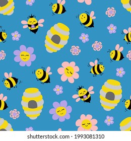 Seamless pattern with cute hand drawn bees, bee, flowers. Design for fabric, textile, wallpaper, packaging, for children.