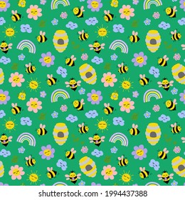 Seamless pattern with cute hand drawn bees, bee, flowers. Design for fabric, textile, wallpaper, packaging, for children.