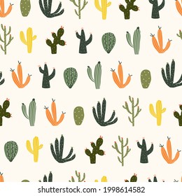 Seamless pattern with cute hand drawn cacti with thorns. Cozy hygge scandinavian style template for fabric, packaging, kids t shirt design. Vector illustration in flat cartoon style