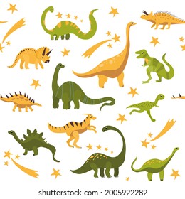 Seamless pattern with cute hand drawn dinosaurs.Sketch Jurassic,mesozoic reptiles.Various dino characters.Prehistoric illustration with herbivores and predator animals.Childish print,wrapping paper