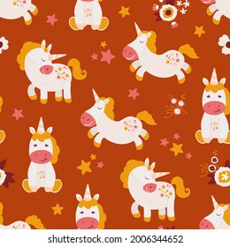 Seamless pattern with cute hand drawn unicorns. Design for fabric, textile, wallpaper, packaging, nursery decoration.	