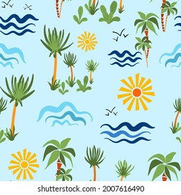Seamless pattern. Cute hand drawn cartoon palm trees waves and sun. Vector illustration in the style of doodle. Drawing for print T shirts, design element.