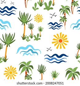 Seamless pattern. Cute hand drawn cartoon palm trees waves and sun. Vector illustration in the style of doodle. Drawing for print T shirts, design element.