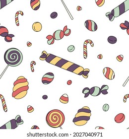 Patrón sin foco con dulces dibujados a mano y dulces adorables. Ilustración vectorial del tema tratado en Halloween. Fondo de diversión para el paquete, papel de envoltura, impresión, tarjeta, regalo, tela, tarjeta, textil, papel tapiz, web.