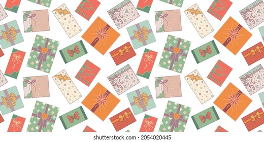 Seamless pattern. Cute hand drawn colored isolated gift boxes top view in doodle style. Christmas gift box or for birthday and party and anniversaries or for the new year. Vector backdrop