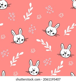 Seamless pattern with cute hand drawn bunny head in doodle style,easter illustration with rabbit,holiday decoration,print for wrapping paper,textile and fabric,kids fashion,nursery design,baby shower.