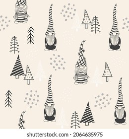 Seamless pattern with a cute hand drawn gnome and a Christmas tree. Scandinavian style vector background of doodle elements