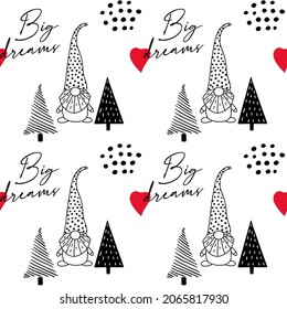 Seamless pattern with a cute hand drawn gnome and a Christmas tree. Scandinavian style vector background of doodle elements