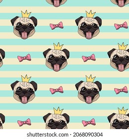 Seamless pattern with cute hand drawn pug heads, crowns and pink bows on light blue and yellow striped background. Vector dog illustration. Endless texture with funny cartoon dogs for your design