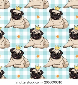 Seamless pattern with cute hand drawn pugs, crowns and stars on light blue and white plaid background. Vector dog illustration. Endless texture with funny cartoon dogs for your design