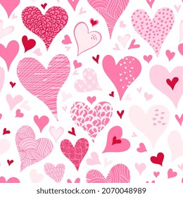 Seamless pattern with cute hand drawn pink hearts. Romantic print. Vector illustration for Valentines day, wedding decor.