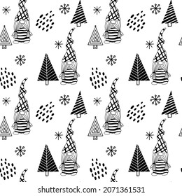 Seamless pattern with a cute hand drawn gnome and a Christmas tree. Scandinavian style vector background of doodle elements