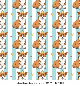 Seamless pattern with cute hand drawn corgi, crowns and stars on light blue and white striped background. Vector dog illustration. Endless texture with cartoon dogs for your design