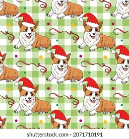 Seamless pattern with cute hand drawn corgi in Christmas hats with ribbons, stars and circles on light green and white plaid background. Vector dog illustration for New year design