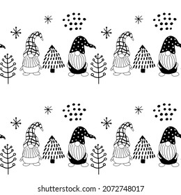 Seamless pattern with a cute hand drawn gnome and a Christmas tree. Scandinavian style vector background of doodle elements