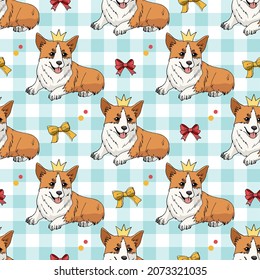 Seamless pattern with cute hand drawn corgi, crowns, bows and circles on light blue and white plaid background. Vector dog illustration. Endless texture with funny cartoon dogs for your design