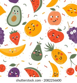 Seamless pattern with cute hand drawn fruits. Avocado watermelon banana peach orange apple grape pineapple plum cherry on white background. Funny faces with various emotions. Vector illustration