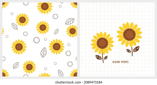 Seamless pattern with cute hand drawn sunflowers on white background. Sunflower with leaves on grid cells background vector illustration.