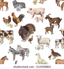 Seamless pattern with cute hand drawn farm animals