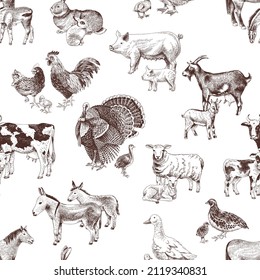 Seamless pattern with cute hand drawn farm animals