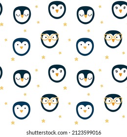 Seamless pattern with cute hand drawn penguins. Animals with gold sunglasses and closed eyes. Best for textile websites. Vector illustration