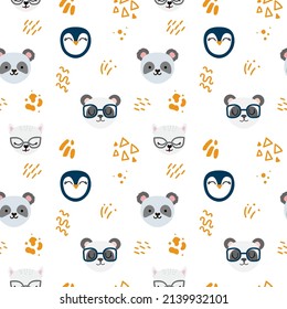 Seamless pattern with cute hand drawn cats, penguins and  pandas. Yellow shapes with soft edges. Best for textile or websites. Vector illustration