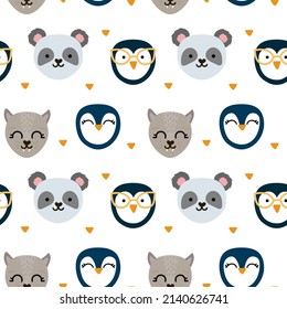 Seamless pattern with cute hand drawn cats, penguins and  pandas. Yellow shapes with soft edges. Best for textile or websites. Vector illustration