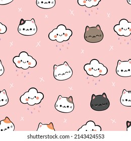 Seamless pattern with cute hand drawn cat and cloud cartoon on pink background vector illustration, cute kitty pattern