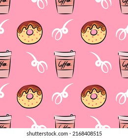 Seamless pattern of cute hand drawn donuts and coffee. Good for any project.