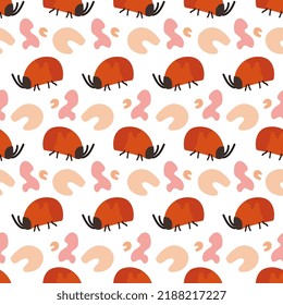 Seamless pattern with cute hand drawn red bugs with abstract shapes Simple flat cartoon style Watercolor texture Vector illustration for wrapping paper, textile, fabric, packaging, nursery