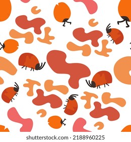 Seamless pattern with cute hand drawn red bugs with abstract shapes Simple flat cartoon style Watercolor texture Vector illustration for wrapping paper, textile, fabric, packaging, nursery