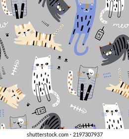 Seamless pattern with cute hand drawn cats. Creative cartoon kittens texture. Vector illustration