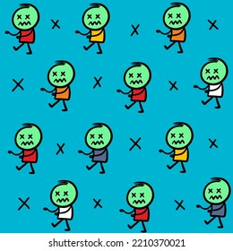 Seamless pattern with cute hand drawn zombie walking. Vector repeated illustration of funny monster.