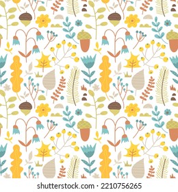Seamless pattern of cute hand drawn plants. Abstract background of botanical elements.
Trendy texture from doodle leaves, acorns, berries, flowers and branches. Collection of forest elements, seasons