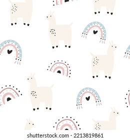Seamless pattern with cute hand drawn llamas and rainbows in a boho style. Funny design with animal faces for cloth prints, wallpaper, wrapping paper