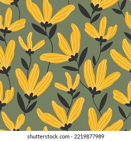 Seamless pattern with cute hand drawn yellow flowers on a green background. Trendy floral vector illustration. Wallpaper fabric textile wrapping paper or package design.