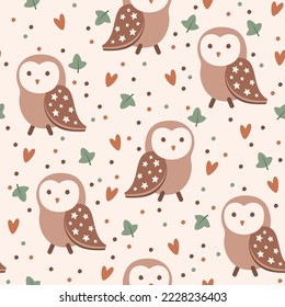 Seamless pattern with cute hand drawn owls, hearts and leaves. Vector illustration.