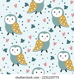 Seamless pattern with cute hand drawn owls, hearts and leaves. Vector illustration.