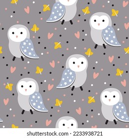 Seamless pattern with cute hand drawn owls, hearts and leaves. Vector illustration.