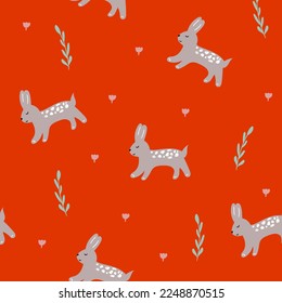 Seamless pattern with cute hand drawn bunny in doodle style,bright illustration with rabbit,holiday decoration,bright print for wrapping paper,apperl,kids fashion,nursery design,baby shower
